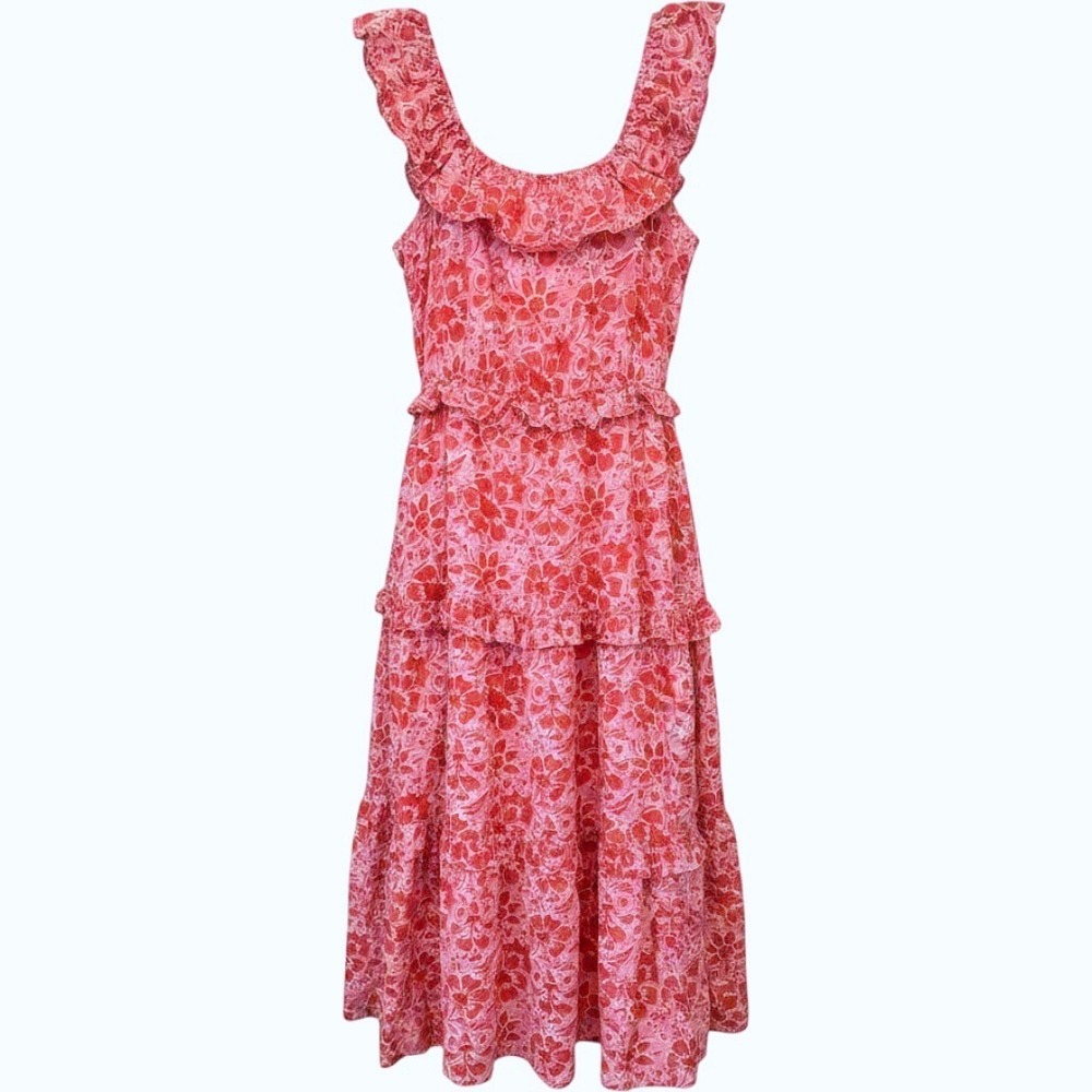 J. Crew Pink Red Floral Block Print Tiered Midi Sun Dress Ruffle Smocked Waist 2